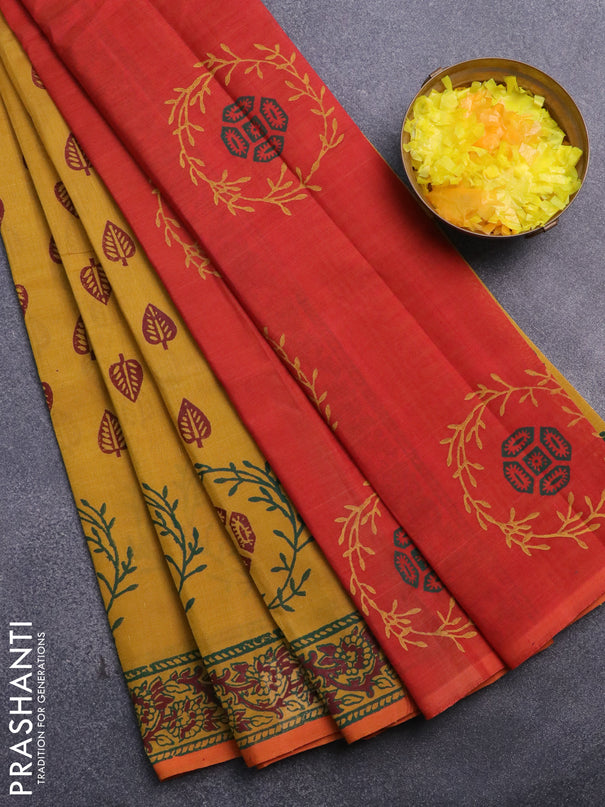 Silk cotton block printed saree mustard shade and rust shade with allover prints and printed border