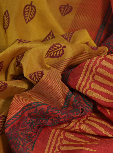 Silk cotton block printed saree mustard shade and rust shade with allover prints and printed border