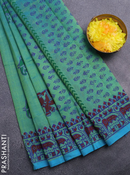 Silk cotton block printed saree teal bluish green with elephant butta prints and printed border