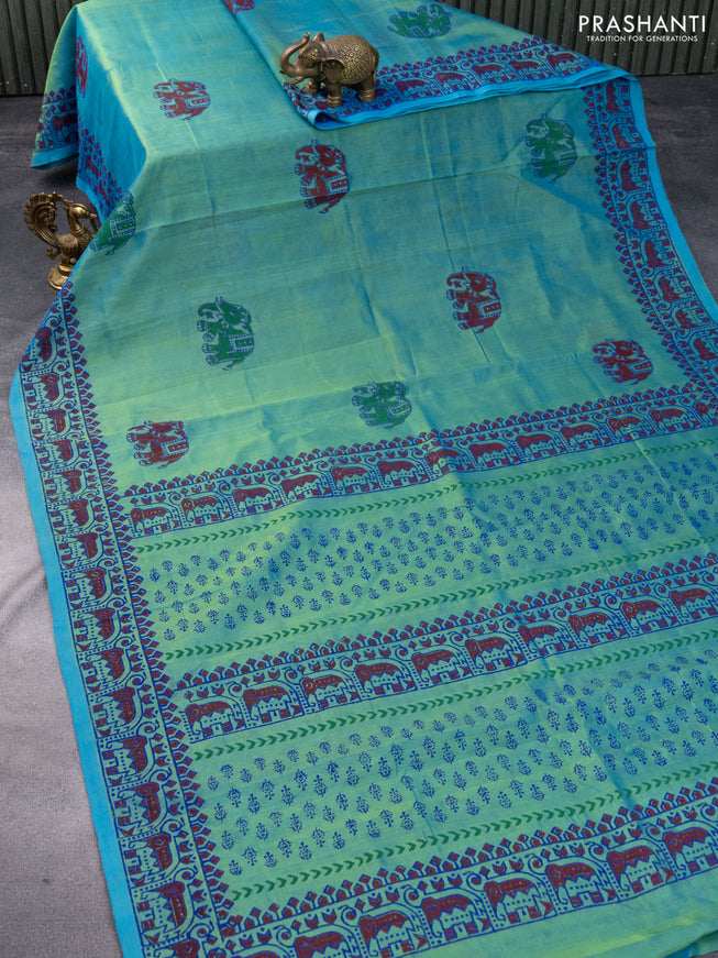 Silk cotton block printed saree teal bluish green with elephant butta prints and printed border