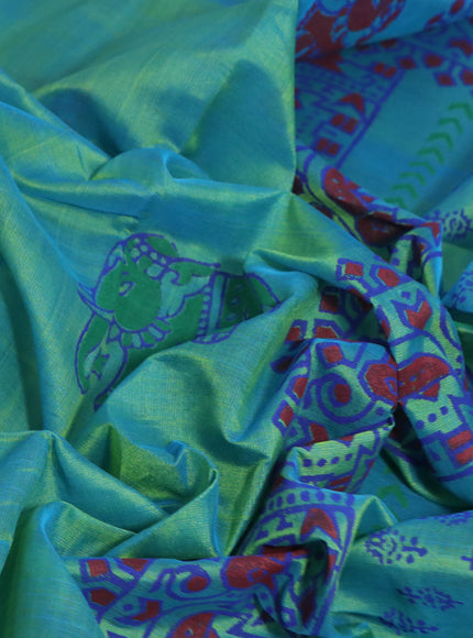 Silk cotton block printed saree teal bluish green with elephant butta prints and printed border