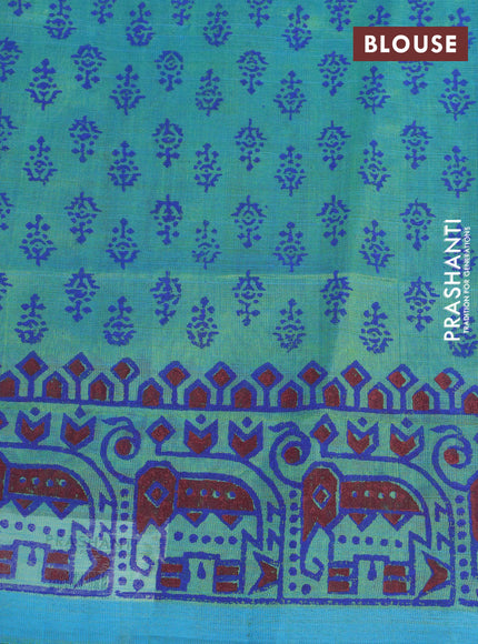 Silk cotton block printed saree teal bluish green with elephant butta prints and printed border