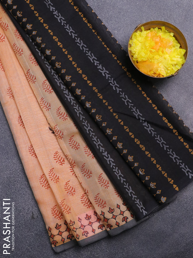 Silk cotton block printed saree pale orange and black with butta prints and printed border