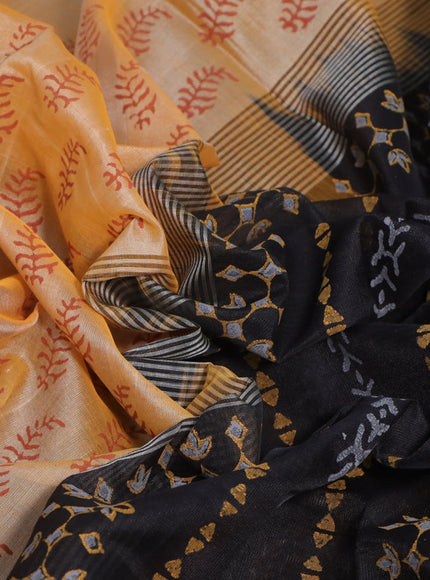 Silk cotton block printed saree pale orange and black with butta prints and printed border