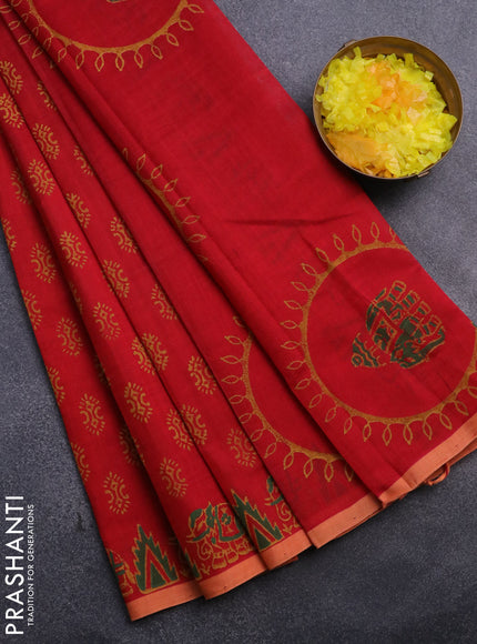 Silk cotton block printed saree red and peach shade with allover prints and printed border