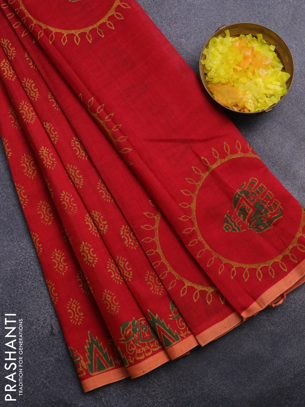 Silk cotton block printed saree red and peach shade with allover prints and printed border