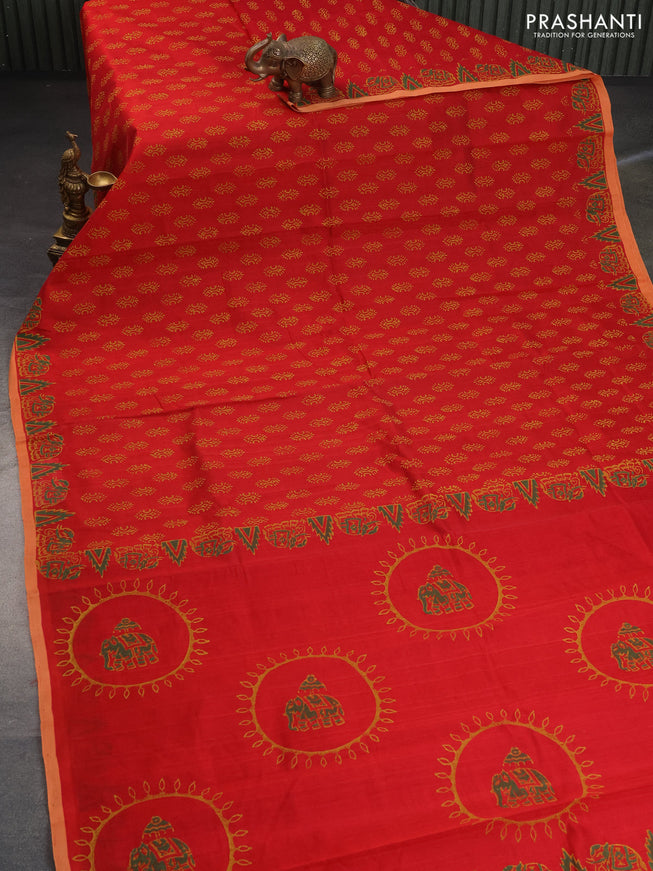 Silk cotton block printed saree red and peach shade with allover prints and printed border