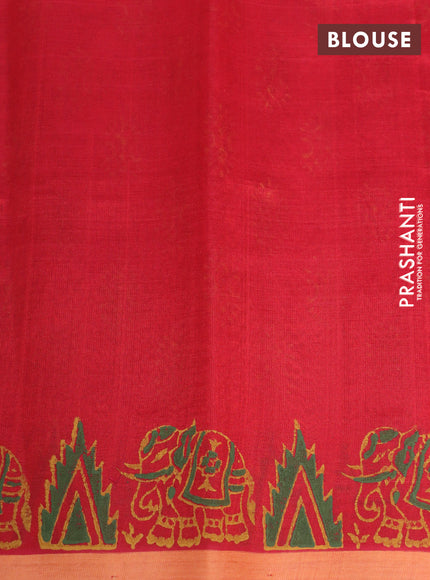 Silk cotton block printed saree red and peach shade with allover prints and printed border