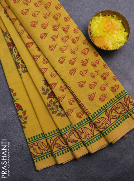 Silk cotton block printed saree yellow with butta prints and printed border