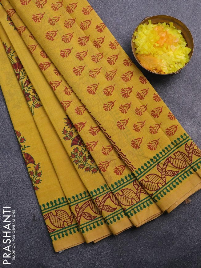 Silk cotton block printed saree yellow with butta prints and printed border