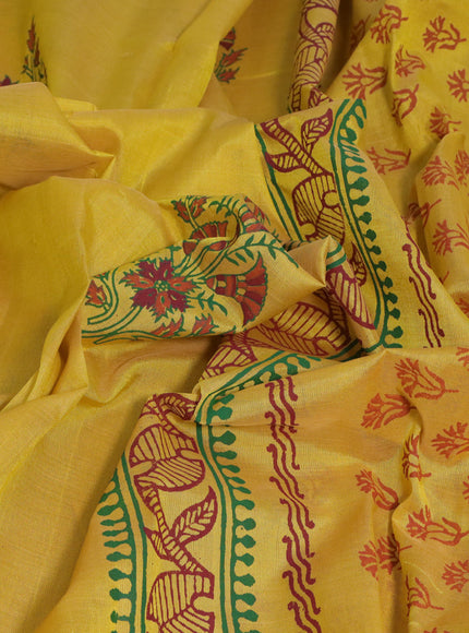 Silk cotton block printed saree yellow with butta prints and printed border