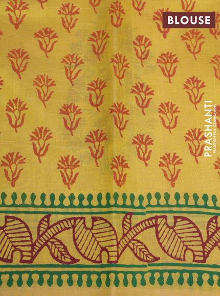 Silk cotton block printed saree yellow with butta prints and printed border