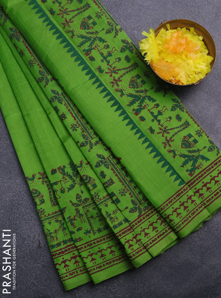 Silk cotton block printed saree green with butta prints and printed border