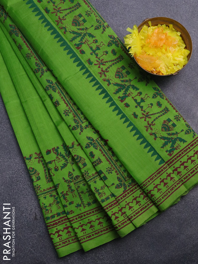 Silk cotton block printed saree green with butta prints and printed border