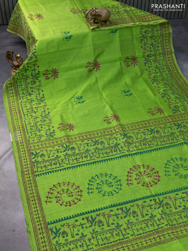 Silk cotton block printed saree green with butta prints and printed border