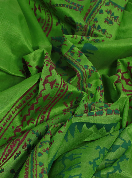 Silk cotton block printed saree green with butta prints and printed border