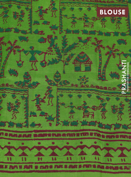 Silk cotton block printed saree green with butta prints and printed border