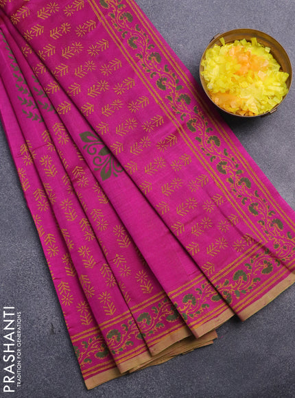 Silk cotton block printed saree magenta pink and light green with butta prints and printed border