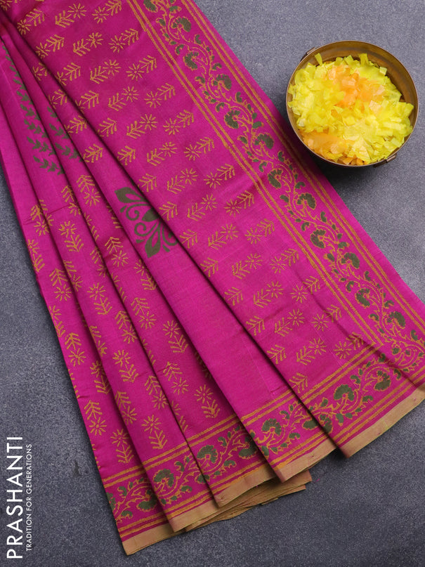 Silk cotton block printed saree magenta pink and light green with butta prints and printed border