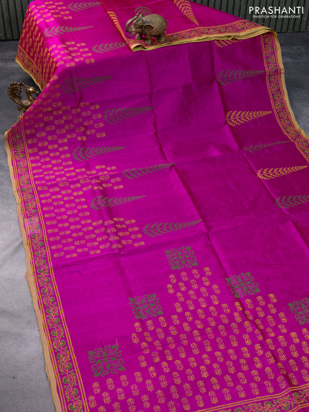 Silk cotton block printed saree magenta pink and light green with butta prints and printed border