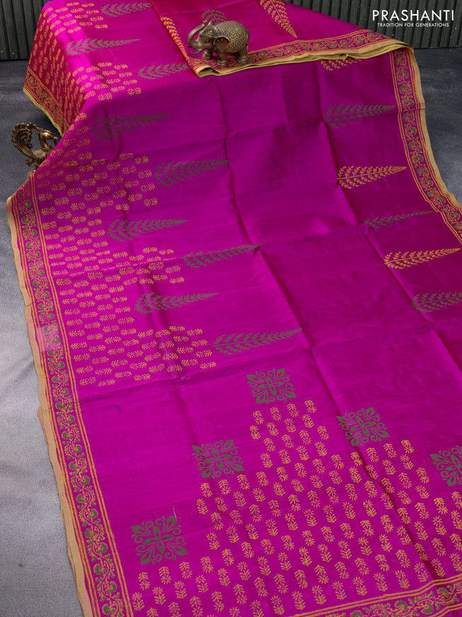 Silk cotton block printed saree magenta pink and light green with butta prints and printed border