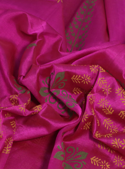 Silk cotton block printed saree magenta pink and light green with butta prints and printed border