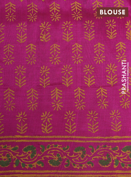 Silk cotton block printed saree magenta pink and light green with butta prints and printed border