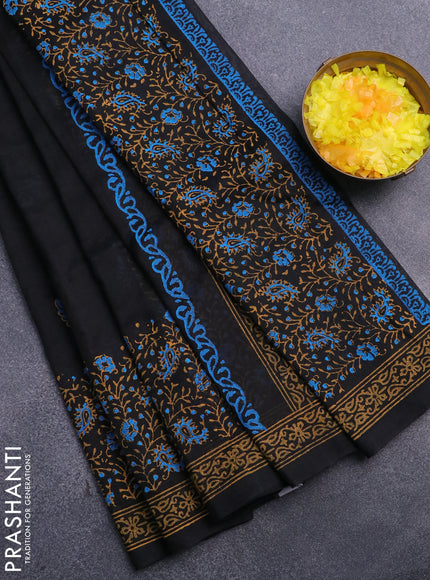 Silk cotton block printed saree black with butta prints and printed border