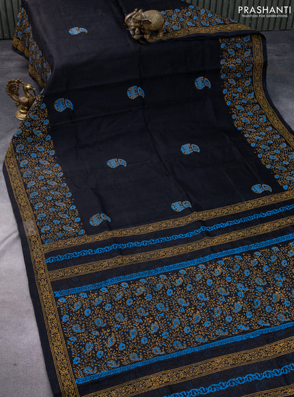 Silk cotton block printed saree black with butta prints and printed border