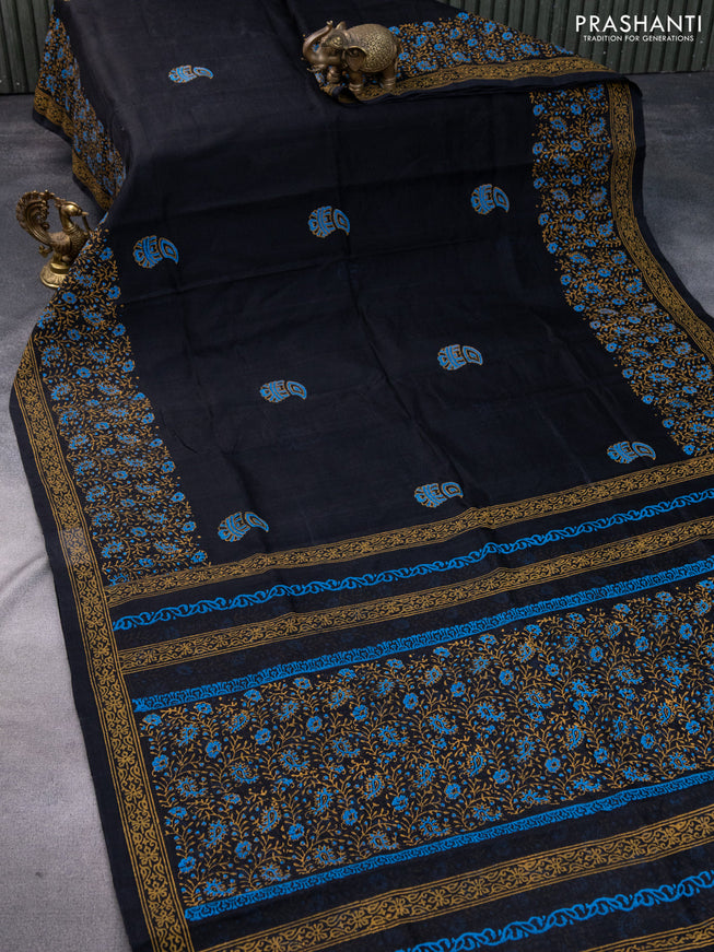 Silk cotton block printed saree black with butta prints and printed border