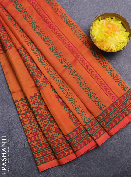 Silk cotton block printed saree dual shade of orange with allover box type butta prints and printed border