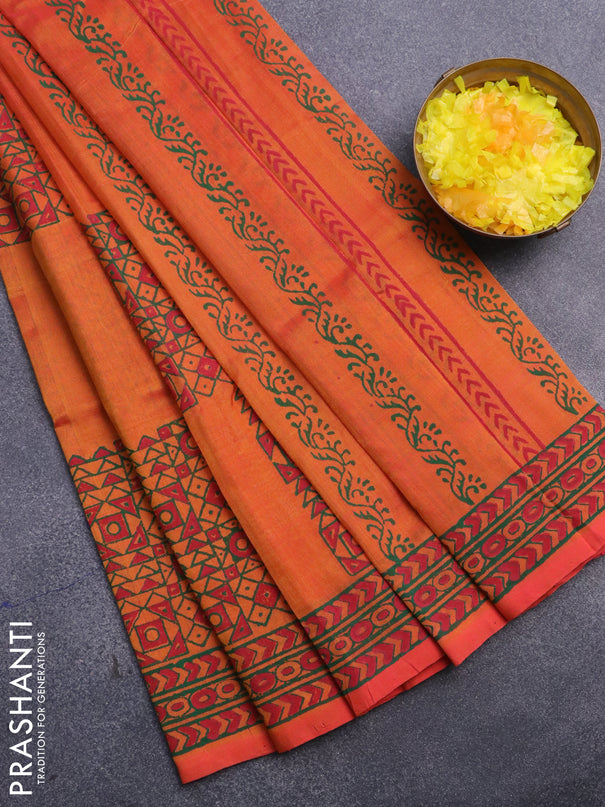 Silk cotton block printed saree dual shade of orange with allover box type butta prints and printed border