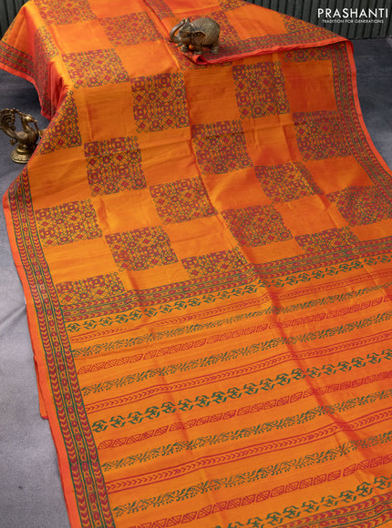 Silk cotton block printed saree dual shade of orange with allover box type butta prints and printed border