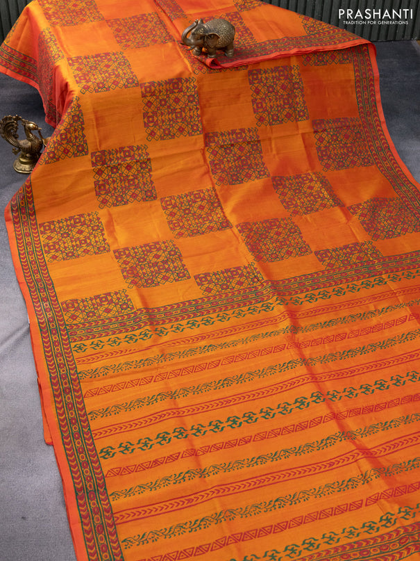 Silk cotton block printed saree dual shade of orange with allover box type butta prints and printed border