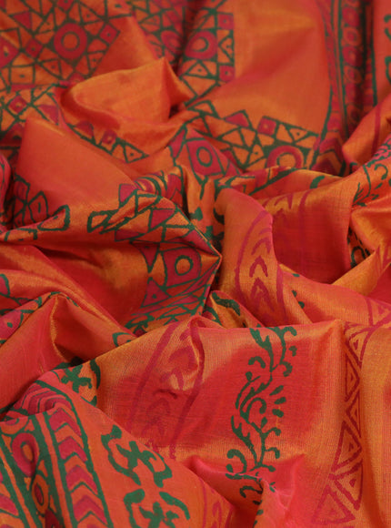 Silk cotton block printed saree dual shade of orange with allover box type butta prints and printed border