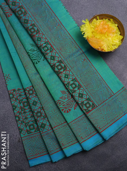 Silk cotton block printed saree teal bluish green with butta prints and printed border