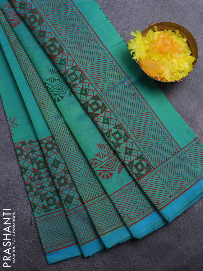 Silk cotton block printed saree teal bluish green with butta prints and printed border