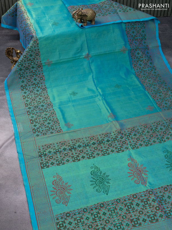 Silk cotton block printed saree teal bluish green with butta prints and printed border