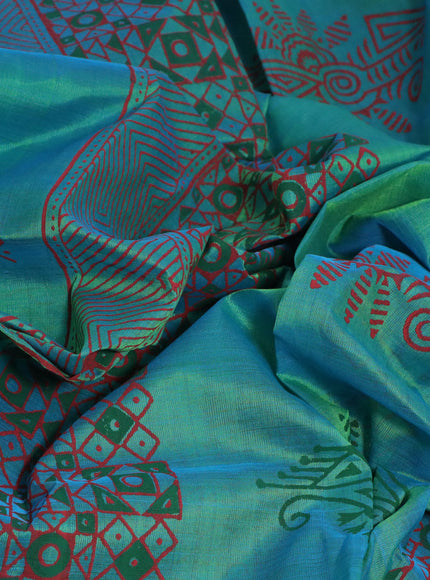 Silk cotton block printed saree teal bluish green with butta prints and printed border