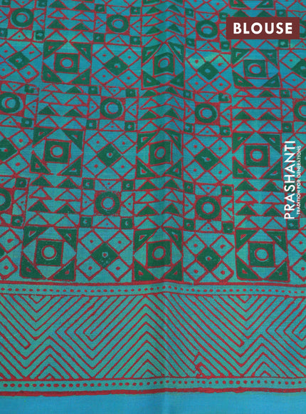 Silk cotton block printed saree teal bluish green with butta prints and printed border