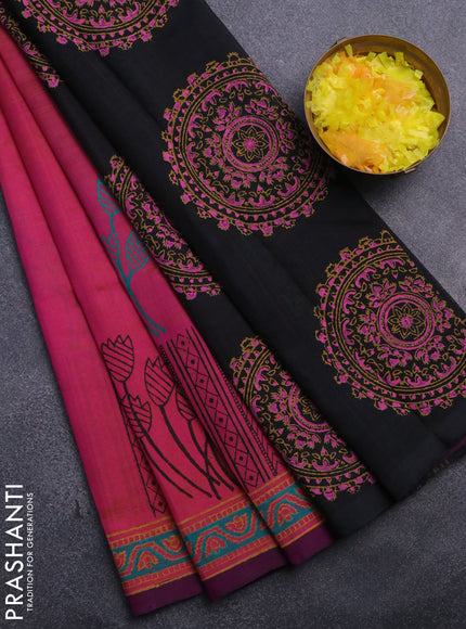 Silk cotton block printed saree dual shade of pink and black with butta prints and printed border