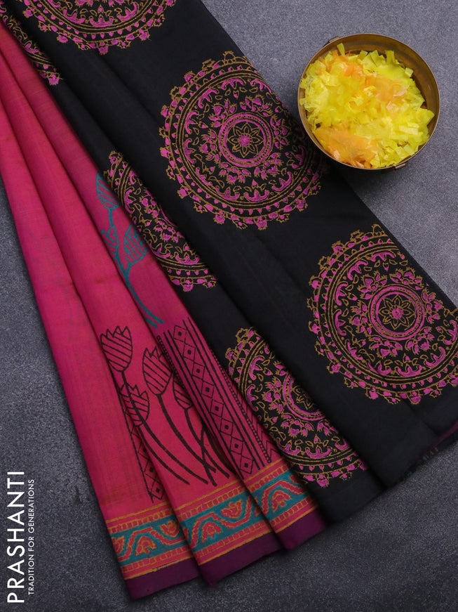 Silk cotton block printed saree dual shade of pink and black with butta prints and printed border