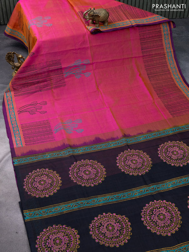 Silk cotton block printed saree dual shade of pink and black with butta prints and printed border