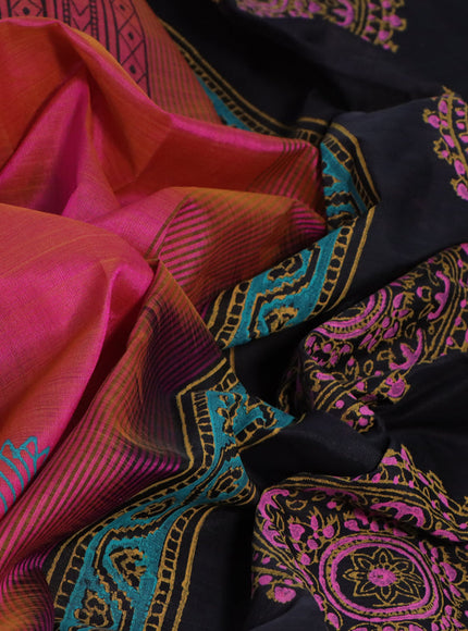 Silk cotton block printed saree dual shade of pink and black with butta prints and printed border