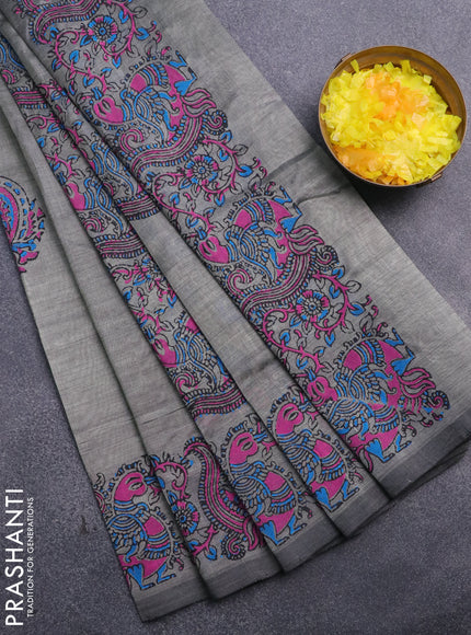 Silk cotton block printed saree grey with annam butta prints and annam printed border