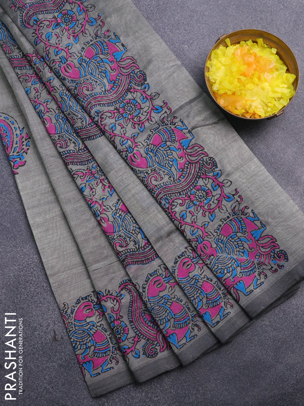 Silk cotton block printed saree grey with annam butta prints and annam printed border