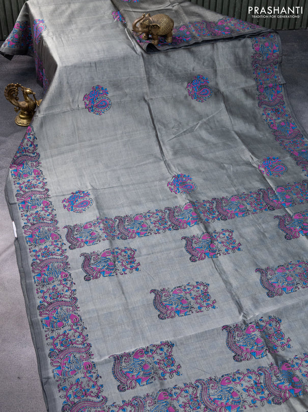 Silk cotton block printed saree grey with annam butta prints and annam printed border