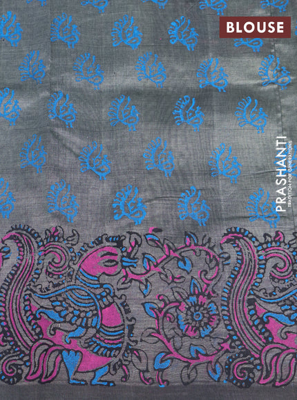 Silk cotton block printed saree grey with annam butta prints and annam printed border