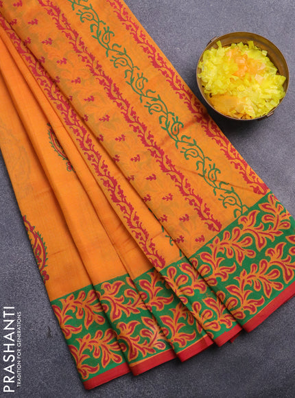 Silk cotton block printed saree orange and red with butta prints and printed border