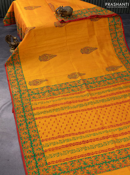 Silk cotton block printed saree orange and red with butta prints and printed border